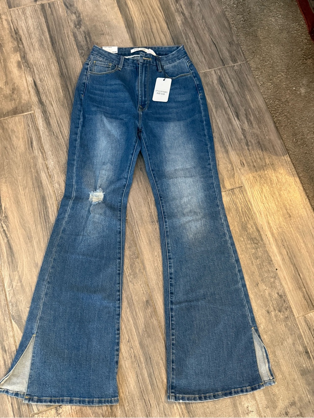 High-Rise Blue Flare Jeans with Side Slits